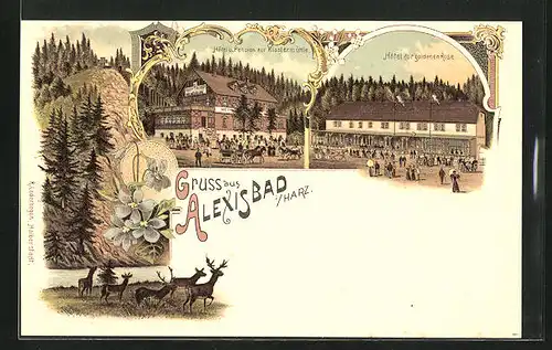 Lithographie Alexisbad i. Harz, Hotel und Pension zur Klostermühle und zur goldenen Rose