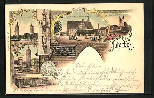 Lithographie Jüterbog, Rathaus mit Kriegerdenkmal und Nicolaikirche