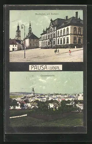 AK Pausa i. Vogtl., Gesamtansicht und Marktplatz mit Rathaus
