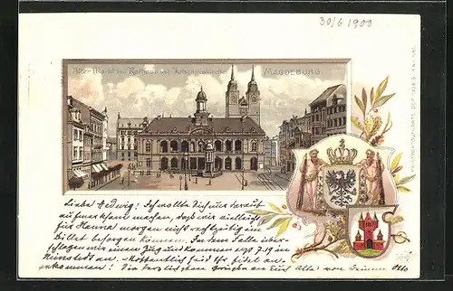 Passepartout-Lithographie Magdeburg, Alter Markt mit Rathaus und Johanniskirche