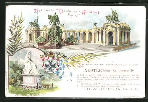 Lithographie Berlin, Ganzsache, Nationaldenkmal Kaiser Wilhelm I., Kaiserin Augusta Denkmal