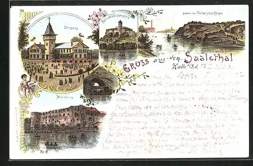 Lithographie Halle a. S., Ruine Giebichenstein und Moritzburg