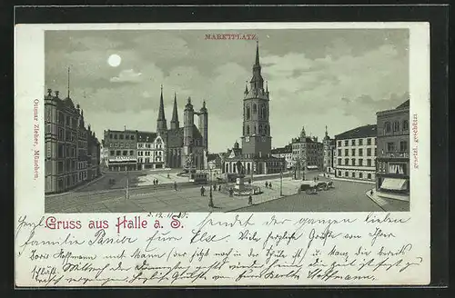 Mondschein-Lithographie Halle a. S., Blick auf den Marktplatz