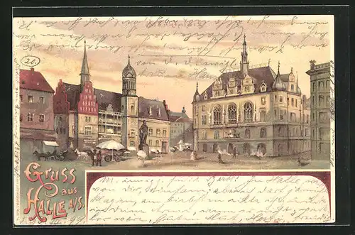 Lithographie Halle a. S., Blick auf den Marktplatz