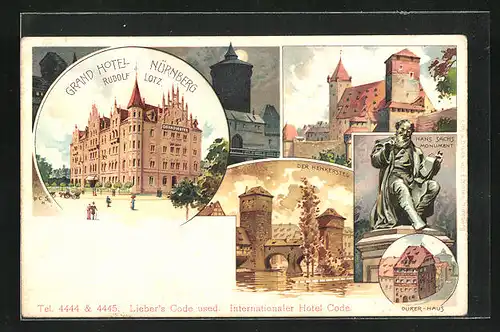 Lithographie Nürnberg, Grand Hotel Rudolf Lotz und Hans Sachs Monument