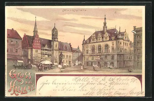 Lithographie Halle a. S., Ansicht vom Marktplatz