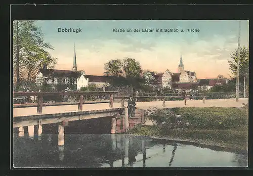 AK Dobrilugk, Partie an der Elster mit Schloss und Kirche