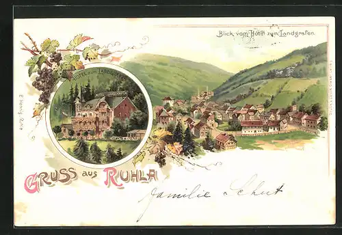 Lithographie Ruhla, Blick Hotel Zum Landgrafen mit Hotelansicht