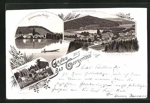 Vorläufer-Lithographie Georgenthal i. Thür., 1895, Panorama vom Schiesshaus und Klosterruine
