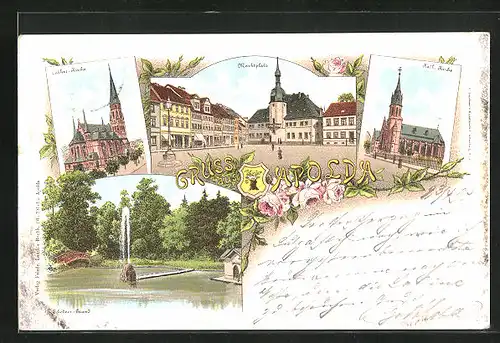 Lithographie Apolda, Lutherkirche, Katholische Kirche und Springbrunnen im Schötner Grund