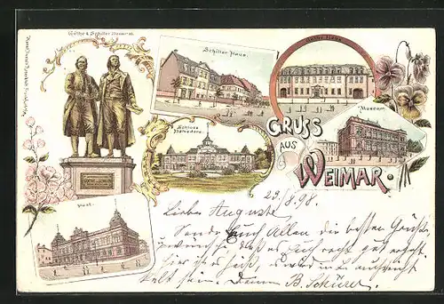 Lithographie Weimar, Museum, Schloss Belvedere und Post