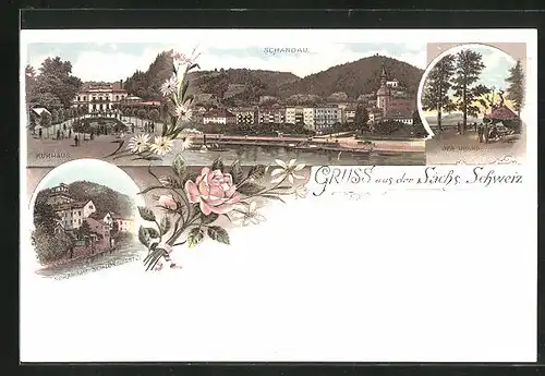 Lithographie Schandau, Kurhaus und Schlossbastei