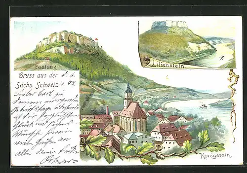 Lithographie Königstein, Teilansicht mit Festung und Lilienstein