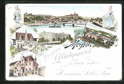 Lithographie Meissen, Fürstenschule, Rathaus und Burgkeller