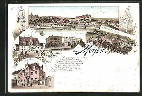 Lithographie Meissen, Königliche Porzellan Manufaktur, Ortsansicht mit Brücke