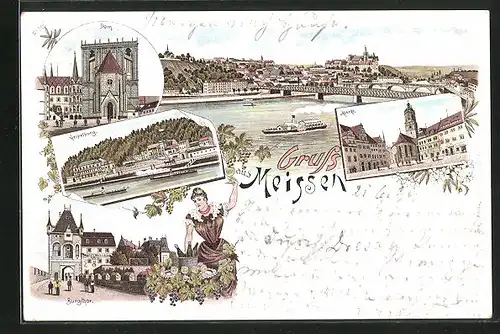 Lithographie Meissen, Dom, Geipelburg, Markt und Burgthor