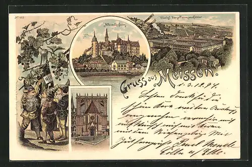 Lithographie Meissen, Albrechtsburg und Blick auf den Dom