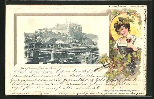 AK Meissen, Blick auf die Albrechtsburg, Schöne Frau mit Weinglas in der Hand