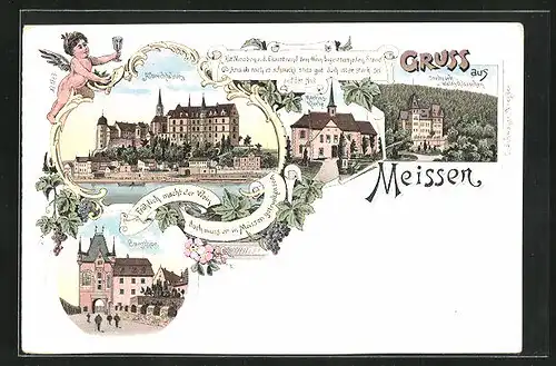 Lithographie Meissen, Stadtpark mit Waldschlösschen, Albrechtsburg und Burgthor