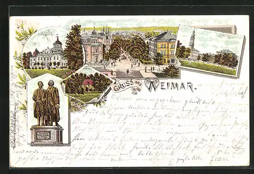 Lithographie Weimar, Schloss Belvedere und Gothe-Schiller-Denkmal