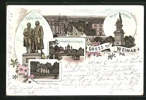 Vorläufer-Lithographie Weimar, 1895, Fürstengruft, Russchische Kapelle und Krieger-Denkmal