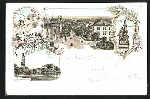 Lithographie Weimar, Schloss und Krieger-Denkmal