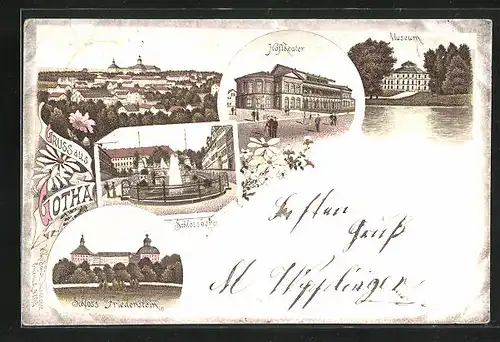 Lithographie Gotha, Museum, Hoftheater und Schlossberg mit Schloss Friedenstein