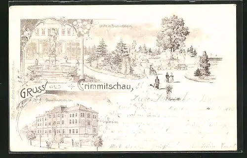 Lithographie Crimmitschau, Marktbrunnen, Neue Realschule, Grotte im Bismarckhain