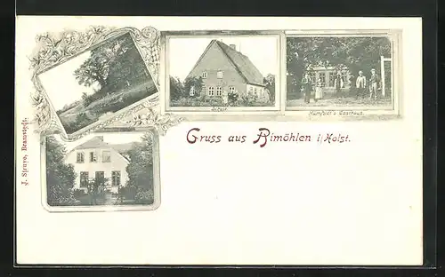 AK Bimöhlen / Holstein, Gasthaus Humnfeldt, Schule, Fluss