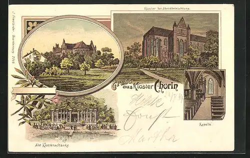 Lithographie Chorin, Gasthaus Alte Klosterschänke, Kloster bei Abendbeleuchtung, Innenansicht der Kapelle