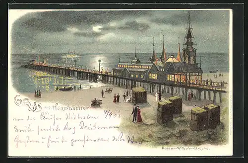 Mondschein-Lithographie Heringsdorf, Kaiser-Wilhelm-Brücke mit Dampfer bei Nacht