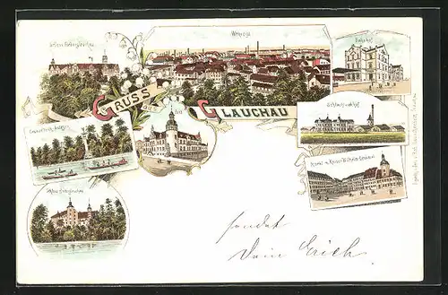 Lithographie Glauchau, Schloss Forderglauchau, Wehrdigt, Post