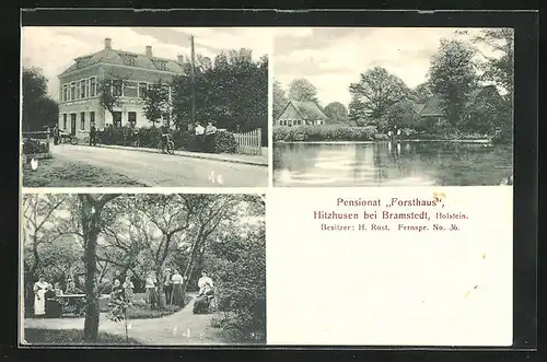 AK Hitzhusen b. Bramstedt / Holst., Hotel Forsthaus, Flusspartie mit Wohnhäusern