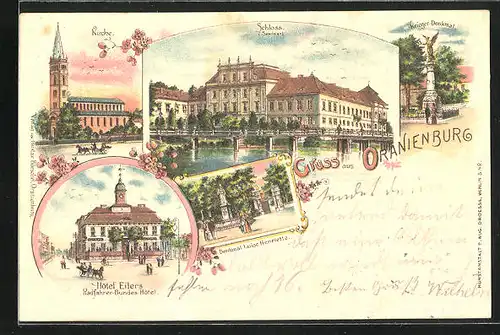 Lithographie Oranienburg, Hotel Eilers, Krieger-Denkmal, Kirche