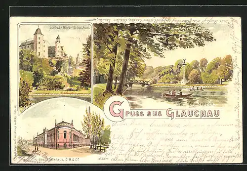 Lithographie Glauchau, Schloss Hinterglauchau, Gründelteich