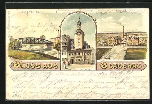 Lithographie Glauchau, Rathaus, König Albert-Brücke