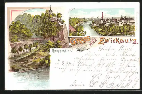 Lithographie Zwickau i. S., Knappengrund, Ortsansicht