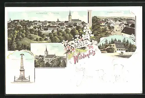 Lithographie Wildenfels, Kirche, Krieger-Denkmal