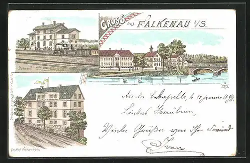 Lithographie Falkenau i. S., Gasthof Falkenhöhe, Bahnhof