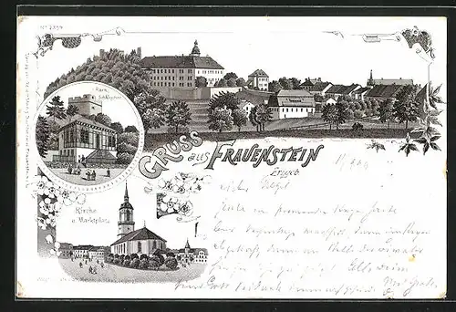 Lithographie Frauenstein i. Erzgeb., Gasthaus Parkschlösschen, Ortsansicht