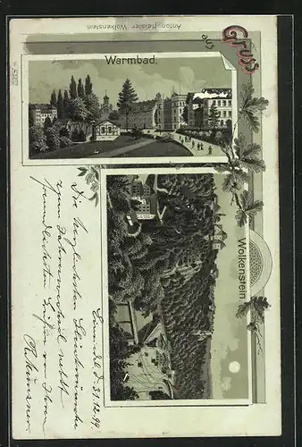 Mondschein-Lithographie Wolkenstein, Wamrbad bei Vollmond, Gesamtansicht mit Bahnhof, Papierrest oben rechts16