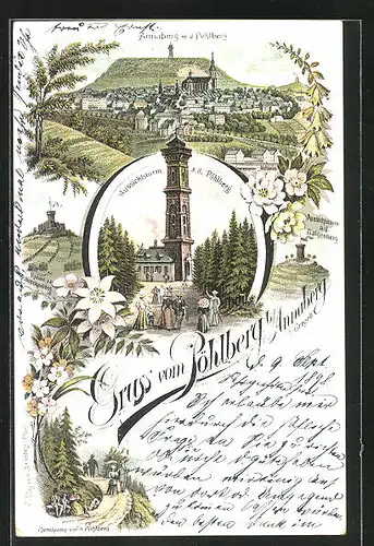 Lithographie Pöhlberg im Erzgebirge, Aussichtsturm auf dem Pöhlberg, Ruine Schreckenberg, Annaberg m. d. Pöhlberg