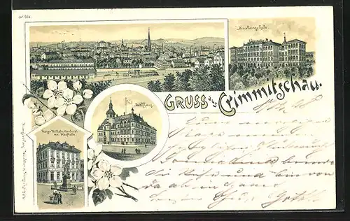 Lithographie Crimmitschau, Kaiser Wilhelm-Denkmal mit Kaufhalle, Rathaus, Knabenschule