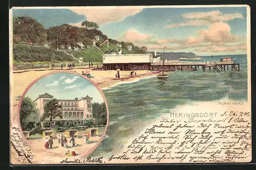 Lithographie Heringsdorf, Hotel Kurhaus, Herrenbad