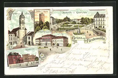 Lithographie Fürstenwalde, Kaserne, Kirchstrasse mit Dom, Kaiserplatz mit Denkmal