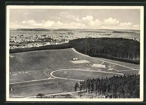 AK Schwenningen, Neckar-Sportplatz Waldeck vom Flugzeug aus, Fliegeraufnahme