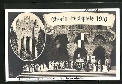 AK Chorin, Festpiele 1910, Menschen in Kostümen vor Kirche