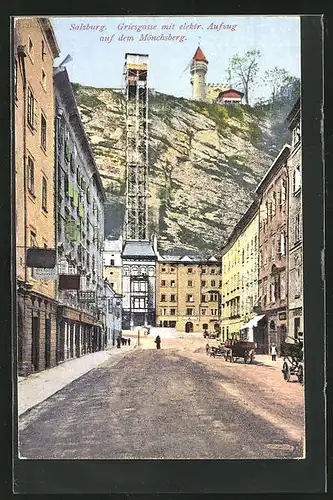 AK Salzburg, Griesgasse mit elektr. Aufzug auf dem Mönchsberg