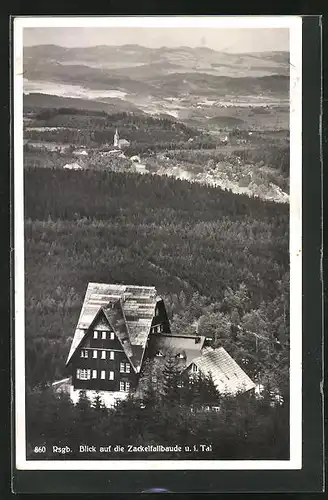 AK Blick auf die Zackelfallbaude und ins Tal