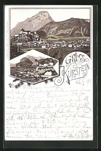 Vorläufer-Lithographie Kufstein, 1895, verschiedene Totalansichten